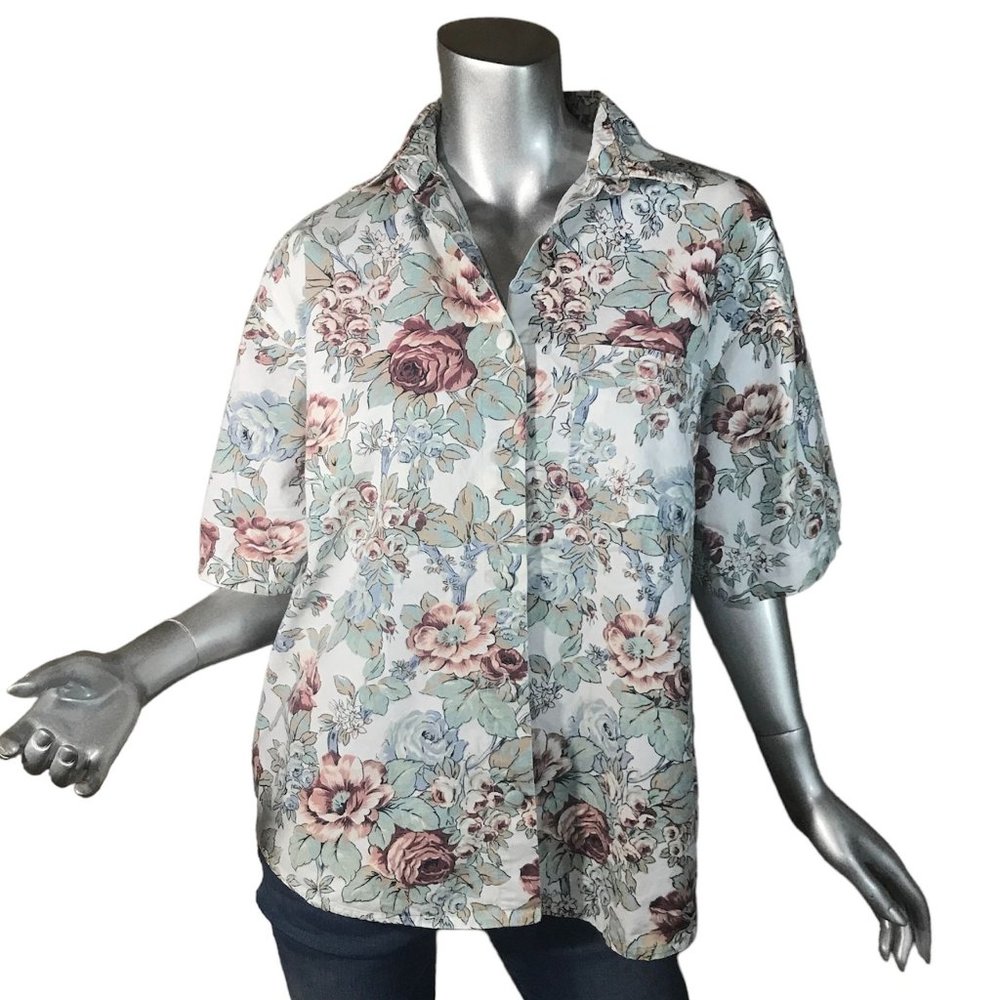 Whitefish Bay Women's Large Floral Cotton Fabric Button Front Shirt Cottage Core